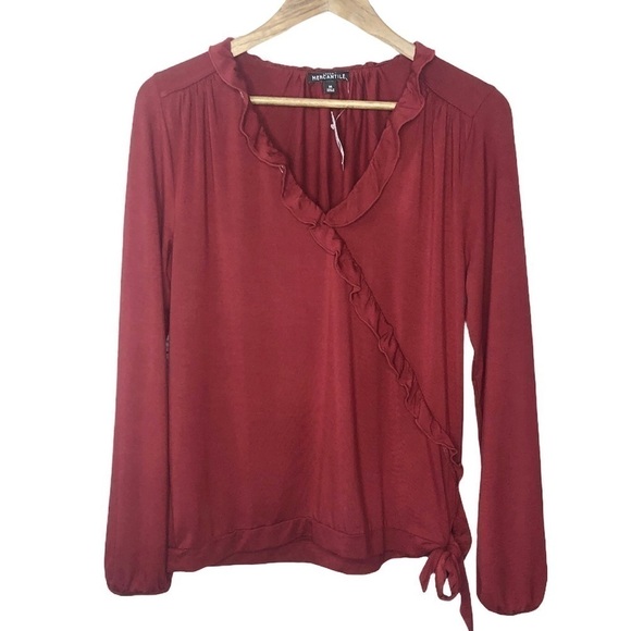 J. Crew Ruffle Trim Wrap Top Burgundy‎ Red New - Picture 2 of 11